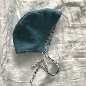 Linen reversible baby bonnet, handmade, blue, OS